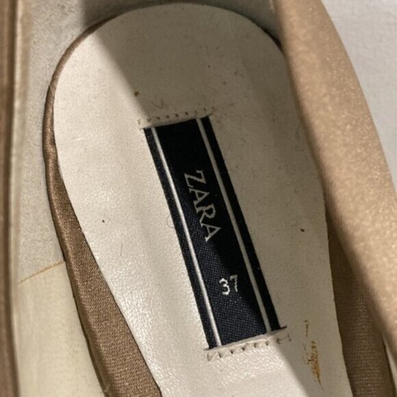 Zara Tan Satin Pumps Block Heels 37 - Picture 8 of 14